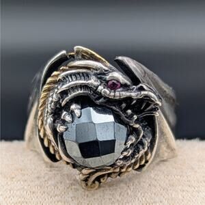 Franklin Mint “Dragon Master’s Ring” Sterling Silver 24K Gold Hematite Ruby